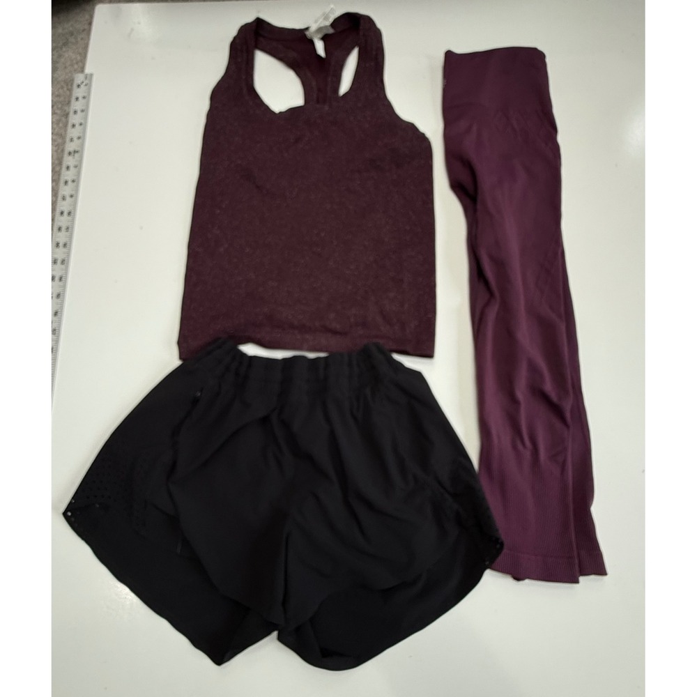 Athleta Activewear Set 3pc Burgundy Sparkle Tank Plum Leggings Black Shorts S